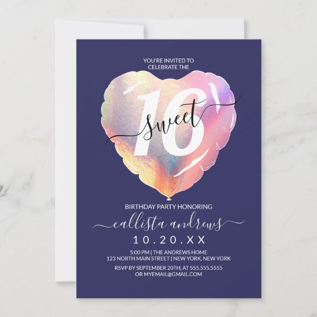Blåfärgad isökcent foil Heart Balloon Sweet 16 Inbjudningar (Framsida)