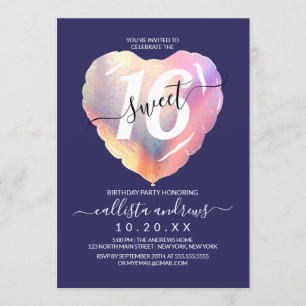 Blåfärgad isökcent foil Heart Balloon Sweet 16 Inbjudningar