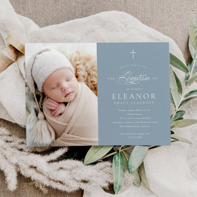 Blåfärgad Kor-Elegant-kallgrafi Fotodobaptism Inbjudningar (Skapare uppladdad)