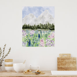 Blåfärgad Lila Flower Meadow på berget Poster