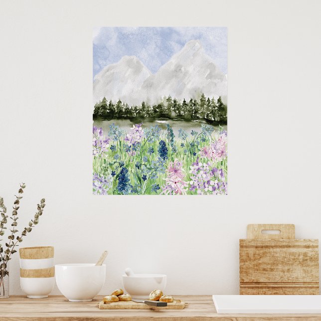 Blåfärgad Lila Flower Meadow på berget Poster (Kök)