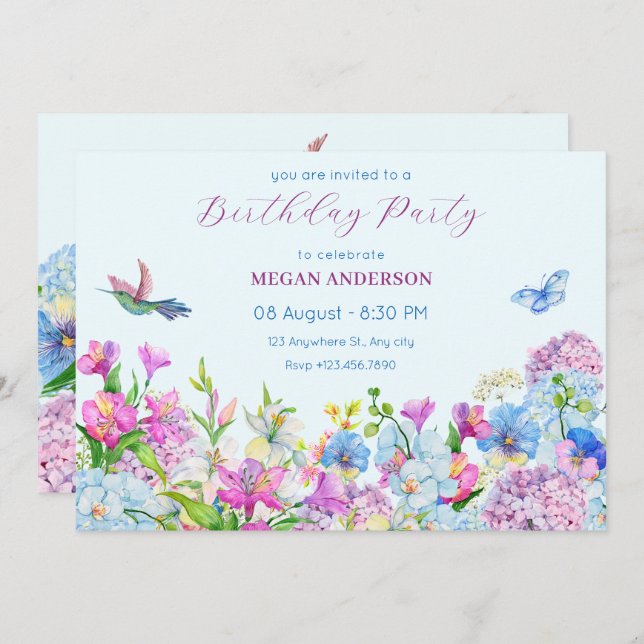Blåfärgad Lila Vattenfärg Blommblomma födelsedag Inbjudningar (Fram/baksida)