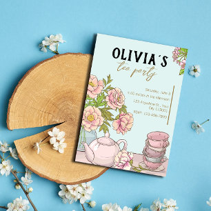 Blåfärgad Mint-Blommigt Illustrated Tea Party-inbj Inbjudningar