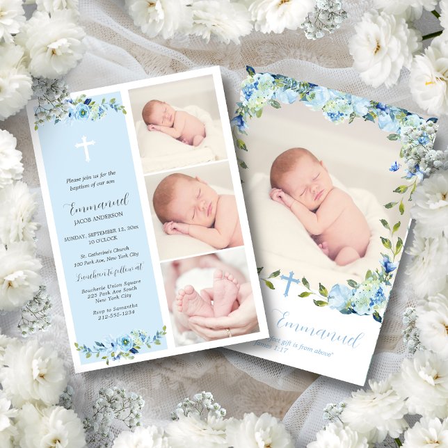 Blåfärgad multifotodobaptism i Blommigt för pojkar Inbjudningar (Blue floral baptism invitation for baby boys with a simple Christian cross and a modern script font.)
