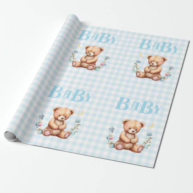 Blåfärgad Nalle Baby Typography Baby Shower Presentpapper (Utrullad)