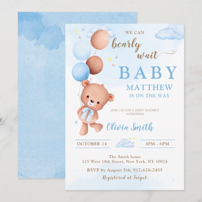 Blåfärgad Nalle Balloons Boy Baby Shower Inbjudningar (Fram/baksida)