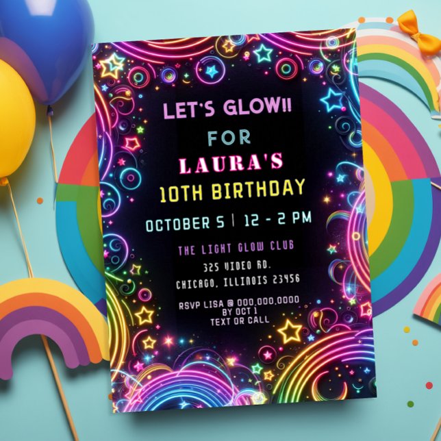 Blåfärgad nymånsglåga Party-födelsedag Inbjudningar (Bright Colorful Neon Glow Party Birthday Invitation)