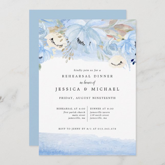 Blåfärgad och Guld vattenfärgad Blommigt Rehearsal Inbjudningar (Fram/baksida)