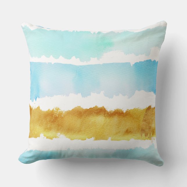 Blåfärgad och Guld vattenfärgad strimlad Dekorativ Kudde (Framsida)