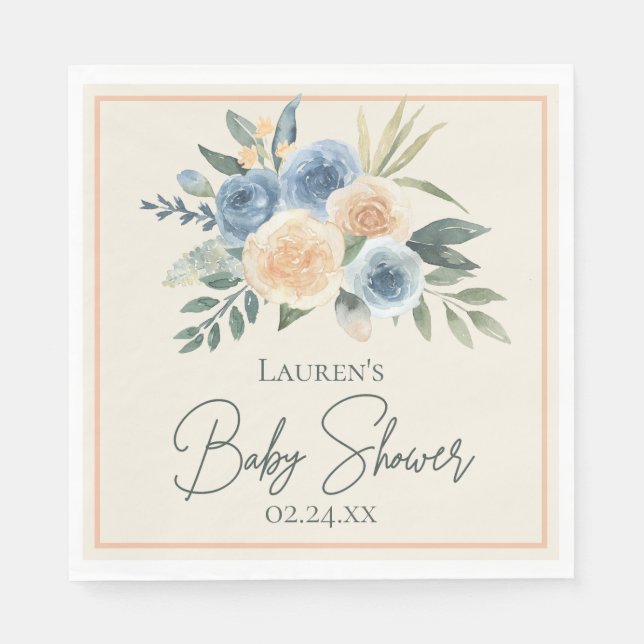 Blåfärgad och persikofärgad Blommigt Babykläder Pappersservett (Framsidan)