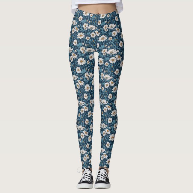 Blåfärgad och vit Blommigt Leggings (Framsida)