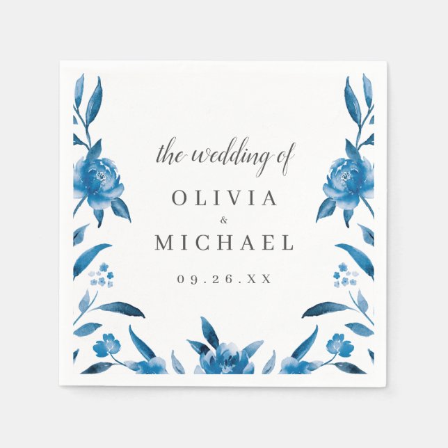 Blåfärgad och vit blommigt tack bröllop pappersservett (Framsidan)