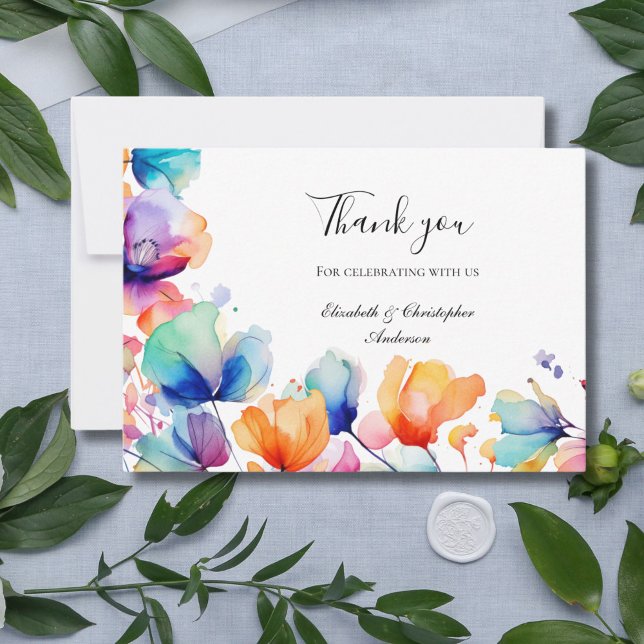 Blåfärgad Orange med ljusa Blommigtar Bröllop Tack Kort (Bright Floral Blue Orange Purple Watercolor Wedding Thank you card)