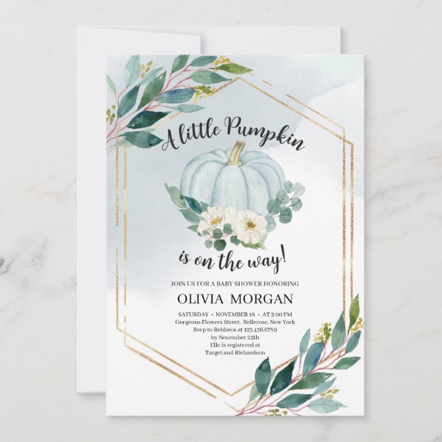 Blåfärgad pastellgrön liten pumpa inbjudningar (Framsida)