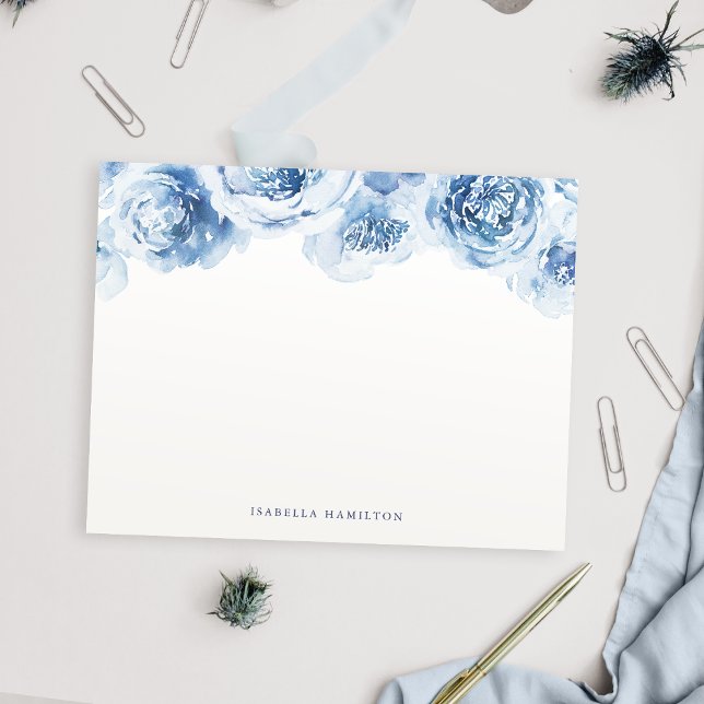 Blåfärgad Personlig för blommigt  Stationeri Anteckningskort (Blue watercolor floral Personalized Stationery Note Card)