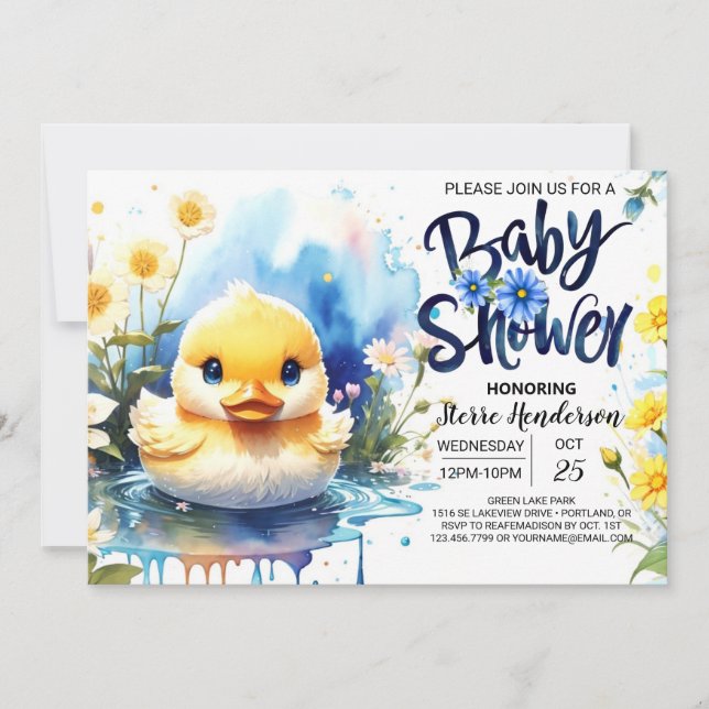 Blåfärgad Quack Baby Shower Inbjudningar (Framsida)