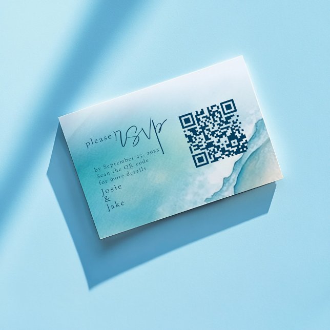 Blåfärgad sjötransport och OSA med QR-kod Tilläggskort (Watercolour sea and sand with QR code wedding rsvp enclosure cards)