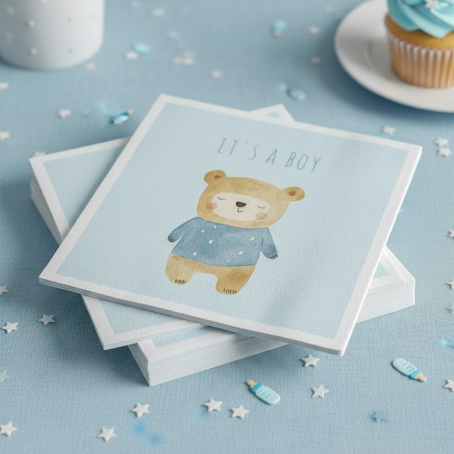 Blåfärgad, söt björn... pappersservett (Blue Watercolor cute bear it's a boy Napkins.)