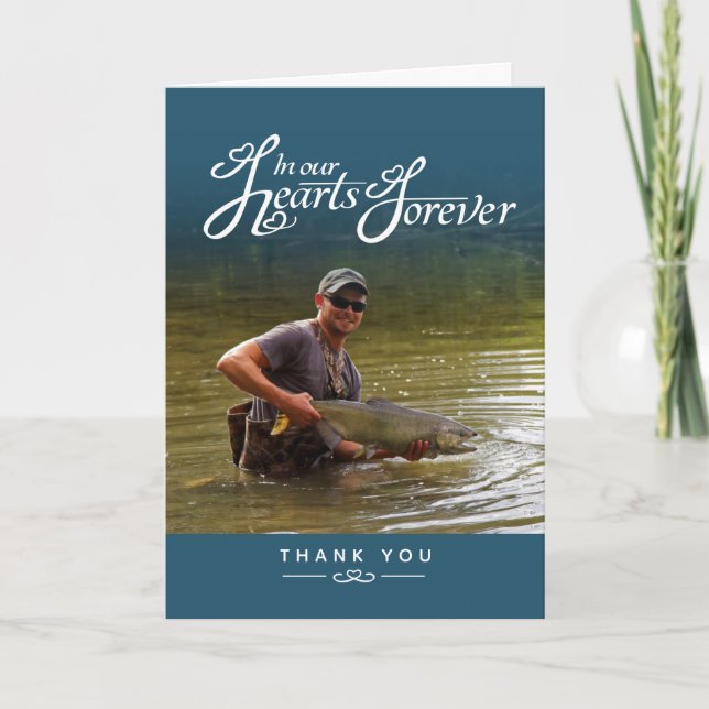 Blåfärgad tealfoto i våra hjärtan tack kort (Framsida)