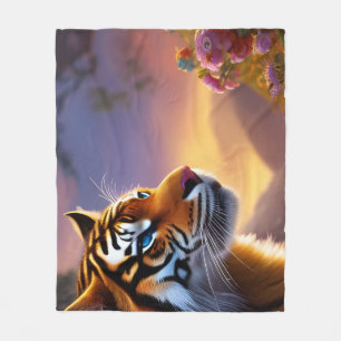 Blåfärgad tiger och Rosa Flowers Fleecefilt