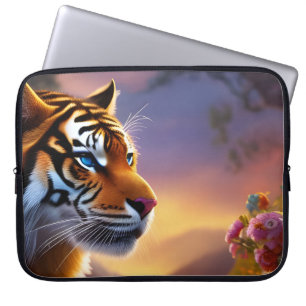 Blåfärgad tiger och Rosa Flowers Laptop Fodral