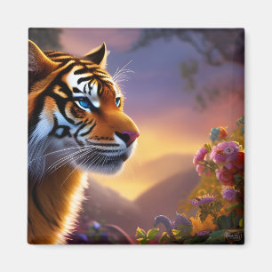Blåfärgad tiger och Rosa Flowers Magnet