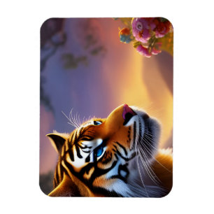 Blåfärgad tiger och Rosa Flowers Magnet
