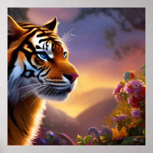 Blåfärgad tiger och Rosa Flowers Poster
