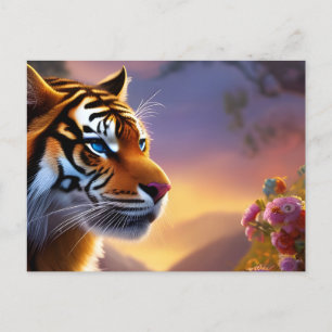 Blåfärgad tiger och Rosa Flowers Vykort