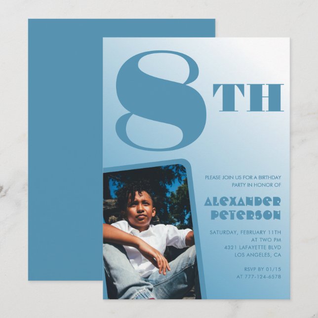 Blåfärgad toning 8:e födelsedagsinbjudningar Foto Inbjudningar (Fram/baksida)