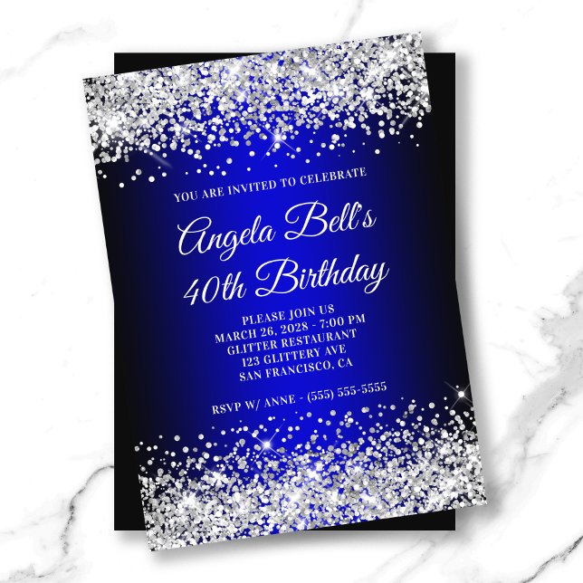 Blåfärgad toning i silver Glitter 40:e födelsedage Inbjudningar (Silver Glitter Black Blue Gradient 40th Birthday Invitation)
