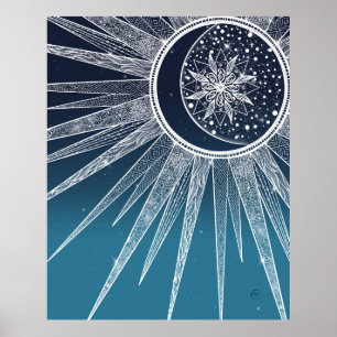 Blåfärgad toningsdesign Sol Måne Mandala Poster