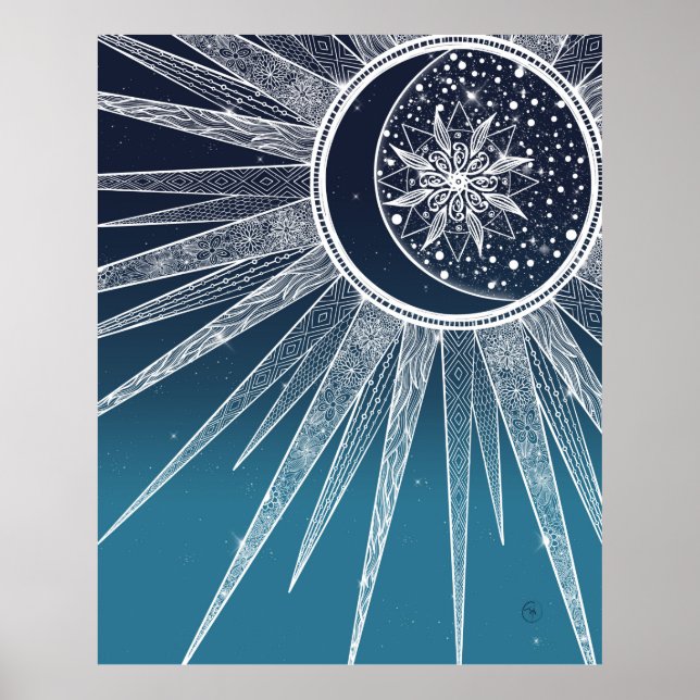 Blåfärgad toningsdesign Sol Måne Mandala Poster (Framsidan)