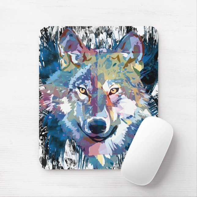 Blåfärgad Varg-Mousepad-färgad Varg-polygon Musmatta (Med mus)