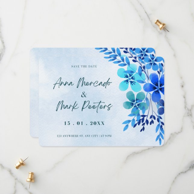 Blåfärgad vattenfärg för Blommigt Spara datuminbju Spara Datumet (Fram/Back In Situ)