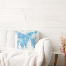 Blåfärgad vattenfärg i snö täckt av Träd Kudde