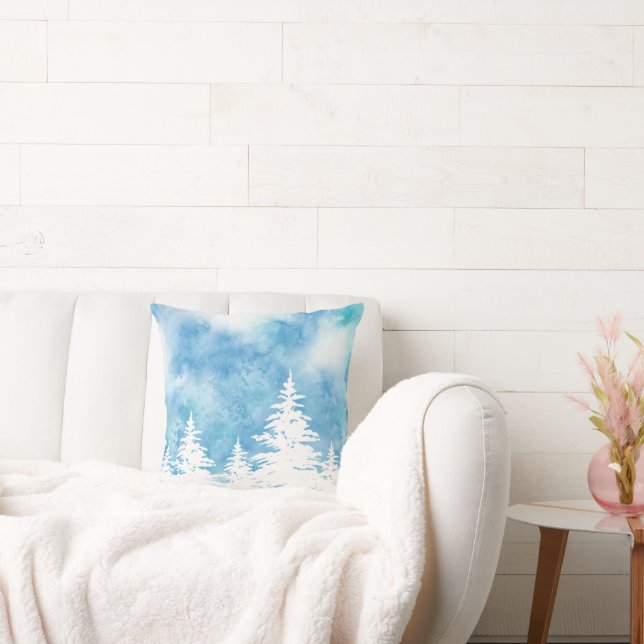 Blåfärgad vattenfärg i snö täckt av Träd Kudde (Soffa)