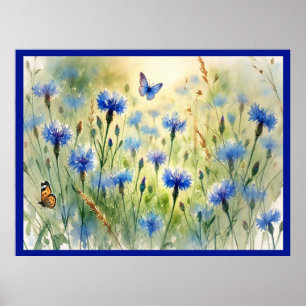 Blåfärgad vattenfärgad Blommigt Kornblomma Tysklan Poster