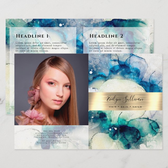 Blåfärgad vattenfärgad guld-folie, bifold brochure (Fram/baksida)