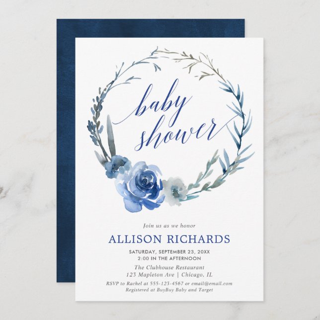 Blåfärgad vattenfärgsdusch för andningsbarn inbjudningar (Fram/baksida)