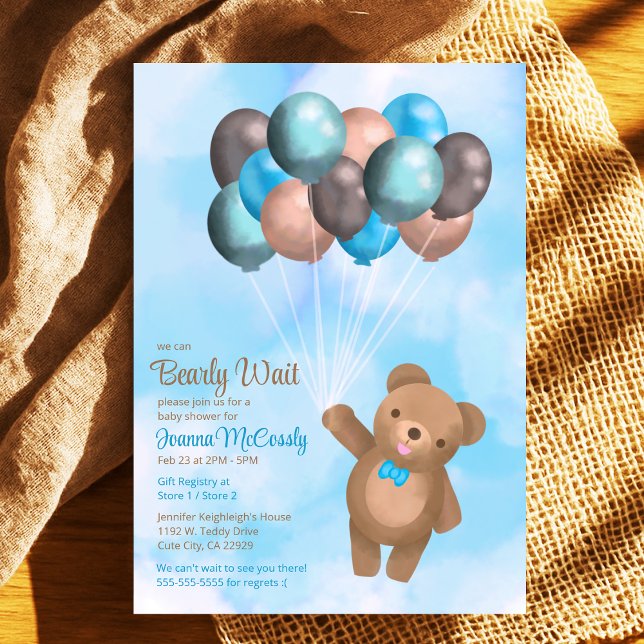 Blåfärgade blå Bubblor Bear Baby Shower Inbjudningar (Watercolor Blue Brown Balloons Bear Baby Shower Digital Invitation Available in Drop Down Menu)