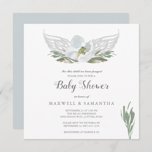 Blåfärgade Blommigtar Angel Vingar Baby Shower Inbjudningar (Fram/baksida)