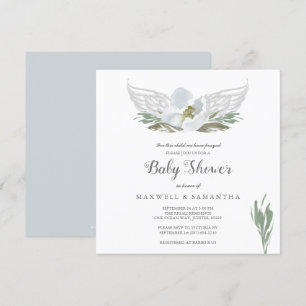 Blåfärgade Blommigtar Angel Vingar Baby Shower Inbjudningar