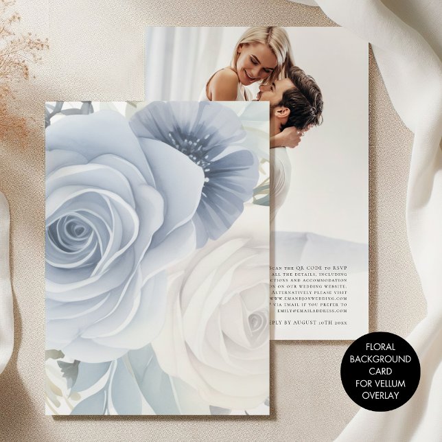Blåfärgade Blommigtar - bakgrund för Vellum Bröllo Inbjudningar (Front and back view)
