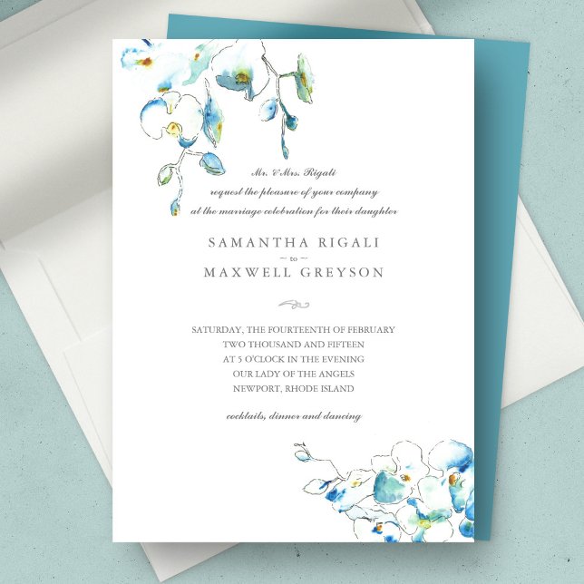 Blåfärgade Blommigtar Formell bröllopsinbjudan Inbjudningar (wedding invitation blue floral watercolor)
