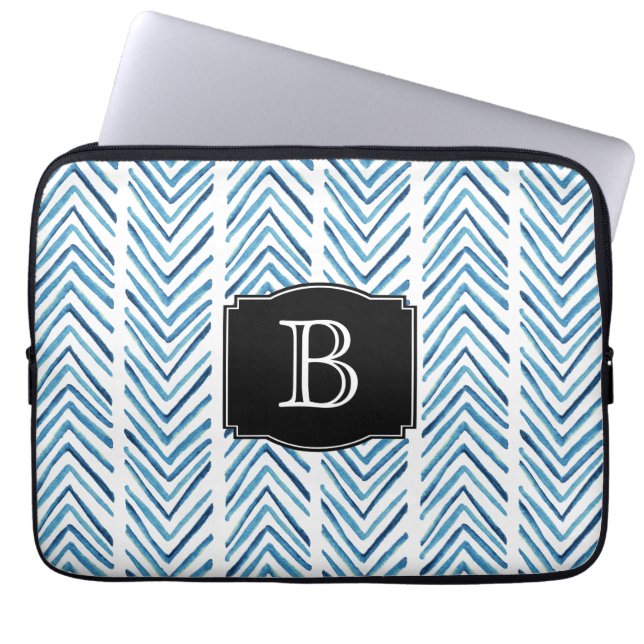 Blåfärgade Chevrons Mönster med Monogram Laptop Sleeve (Framsidan)