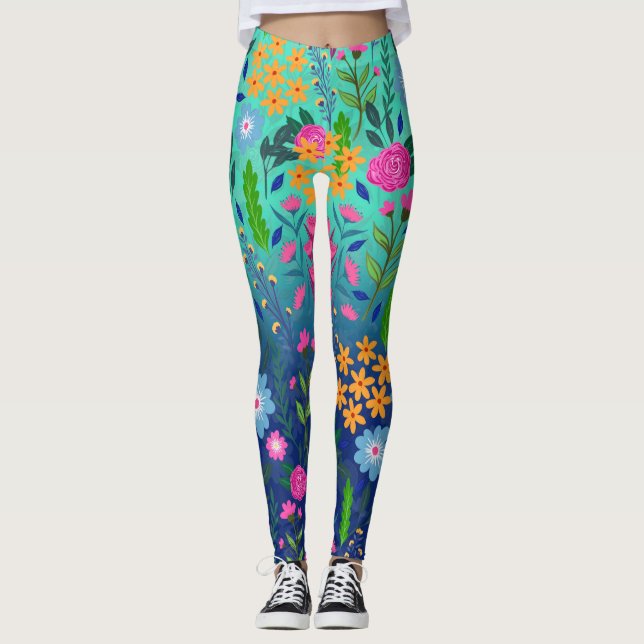 Blåfärgade färggradienter - Garden Flowers Söt Des Leggings (Framsida)