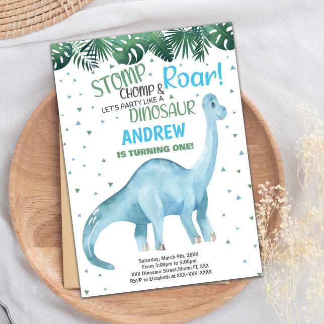 Blåfärgade Gröntar - inbjudan till födelsedag (Blue Green Dinosaur Birthday Invitations)