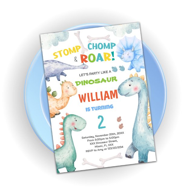 Blåfärgade Gröntar - inbjudan till födelsedag (Blue Green Dinosaur Birthday Invitations)