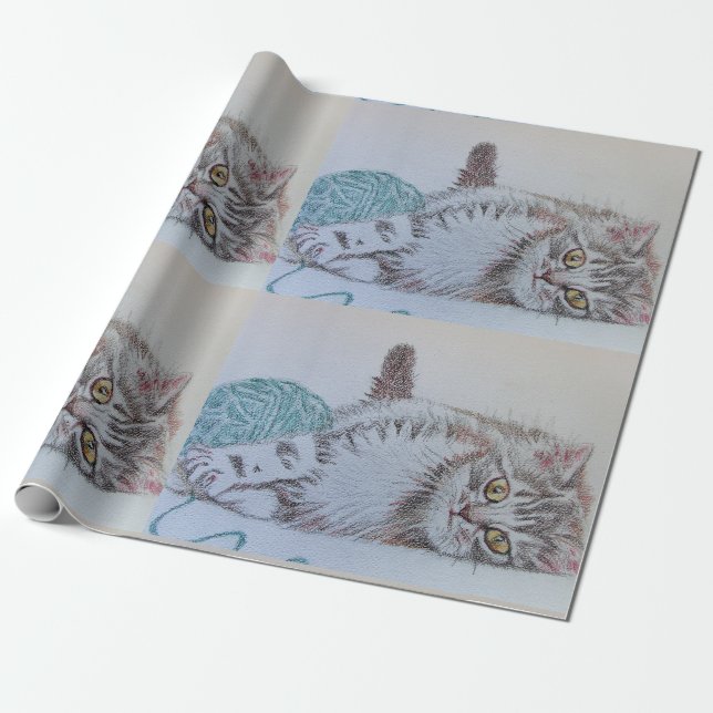 Blåfärgade konsthantverk i Cute Tabby katt Presentpapper (Utrullad)